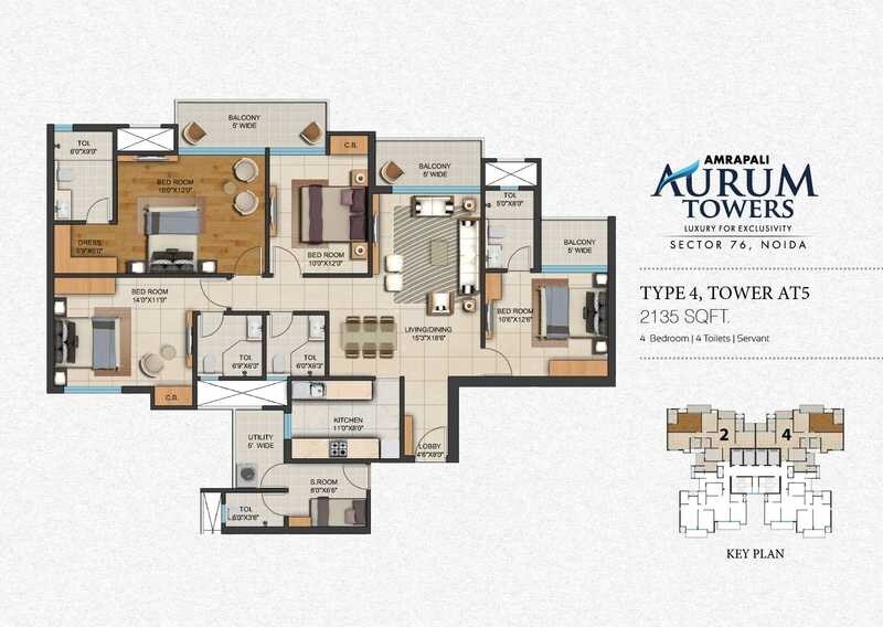Floor plan of 4 BHK 2135 Sq. Ft. Apartment in Amrapali Aurum Towers, Noida