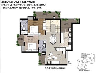 Floor plan of 2 BHK 1430 Sq. Ft. Villa in Amrapali Cloud Ville, Noida