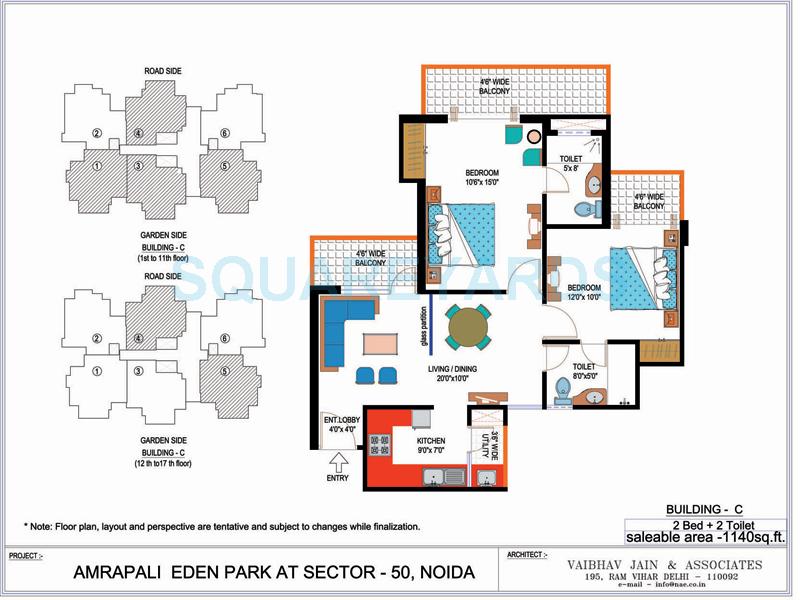 Floor plan of 2 BHK 1140 Sq. Ft. Apartment in Amrapali Eden Park, Noida