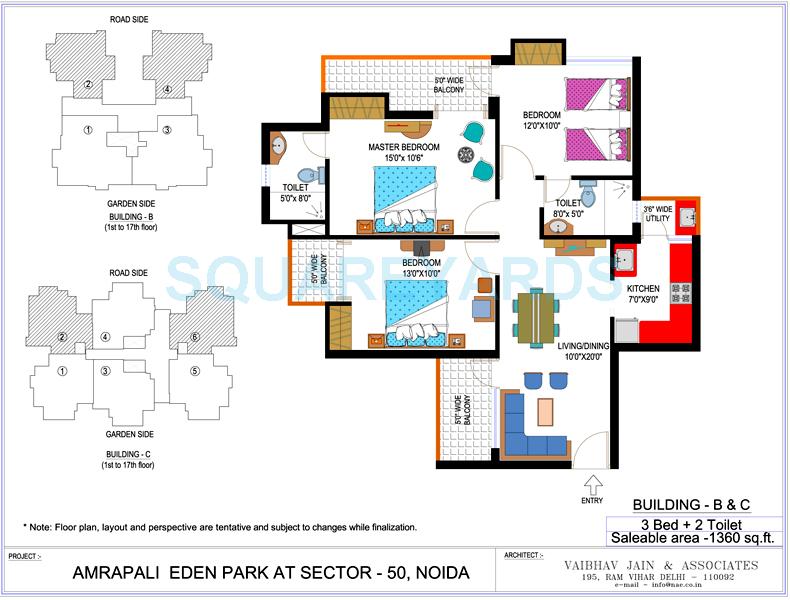 Floor plan of 3 BHK 1360 Sq. Ft. Apartment in Amrapali Eden Park, Noida