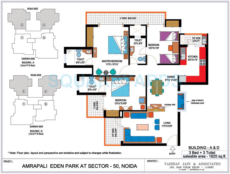 Floor plan of 3 BHK 1625 Sq. Ft. Apartment in Amrapali Eden Park, Noida