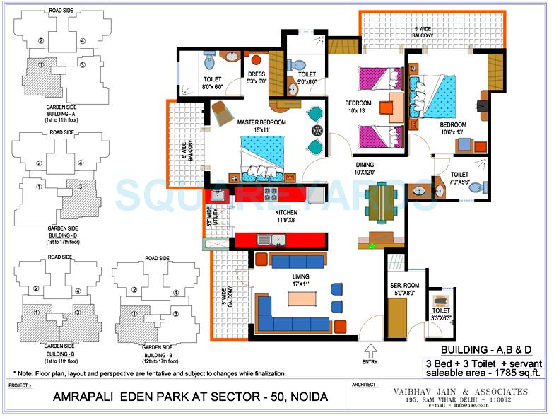 Floor plan of 3 BHK 1785 Sq. Ft. Apartment in Amrapali Eden Park, Noida