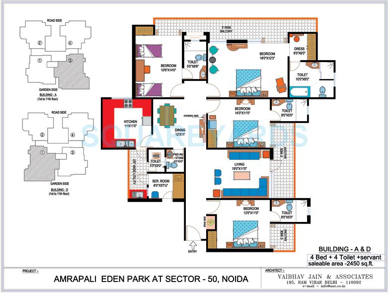 Floor plan of 4 BHK 2450 Sq. Ft. Apartment in Amrapali Eden Park, Noida