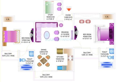 Floor plan of 2 BHK 1125 Sq. Ft. Apartment in Amrapali Pan Oasis, Noida