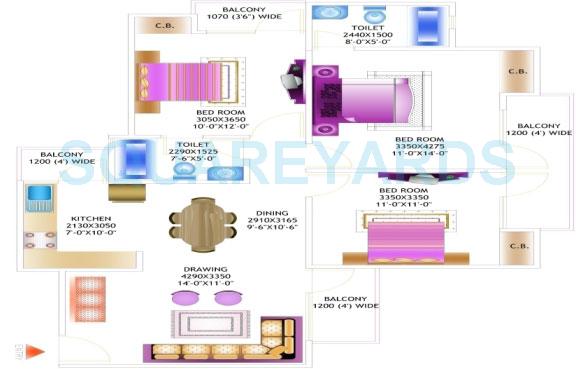 Floor plan of 3 BHK 1385 Sq. Ft. Apartment in Amrapali Pan Oasis, Noida