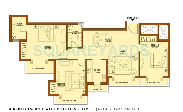 Floor plan of 3 BHK 1495 Sq. Ft. Apartment in Amrapali Platinum, Noida