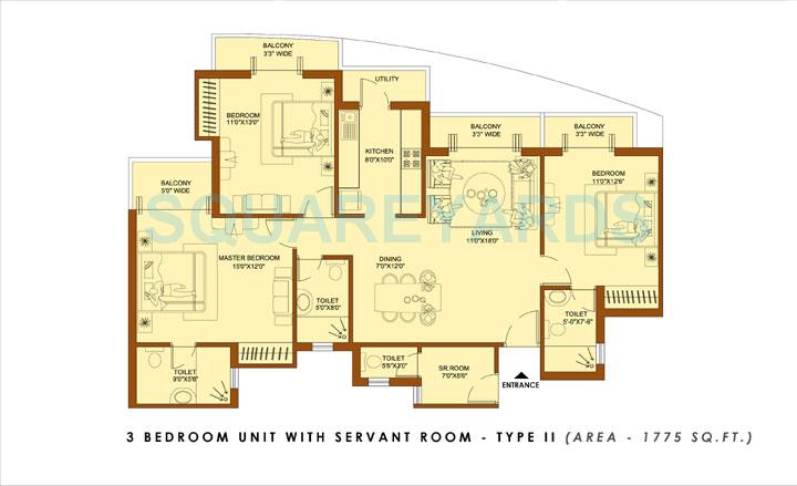 Floor plan of 3 BHK 1775 Sq. Ft. Apartment in Amrapali Platinum, Noida