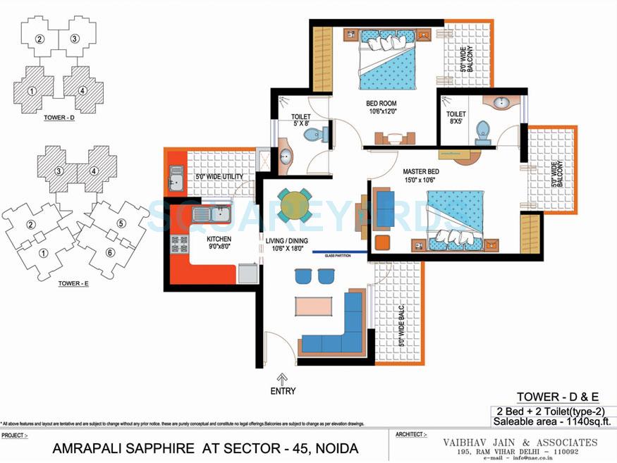 Floor plan of 2 BHK 1140 Sq. Ft. Apartment in Amrapali Sapphire, Noida