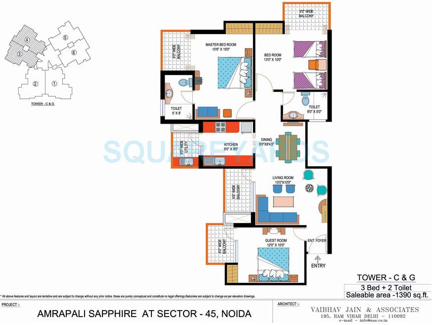 Floor plan of 3 BHK 1390 Sq. Ft. Apartment in Amrapali Sapphire, Noida