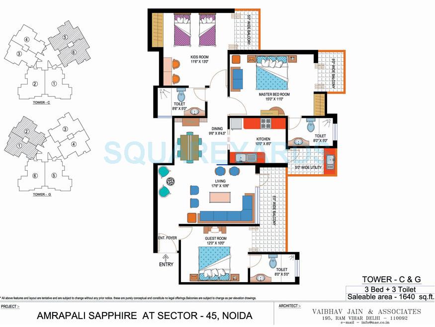 Floor plan of 3 BHK 1640 Sq. Ft. Apartment in Amrapali Sapphire, Noida