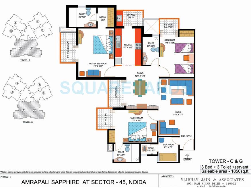 Floor plan of 3 BHK 1850 Sq. Ft. Apartment in Amrapali Sapphire, Noida