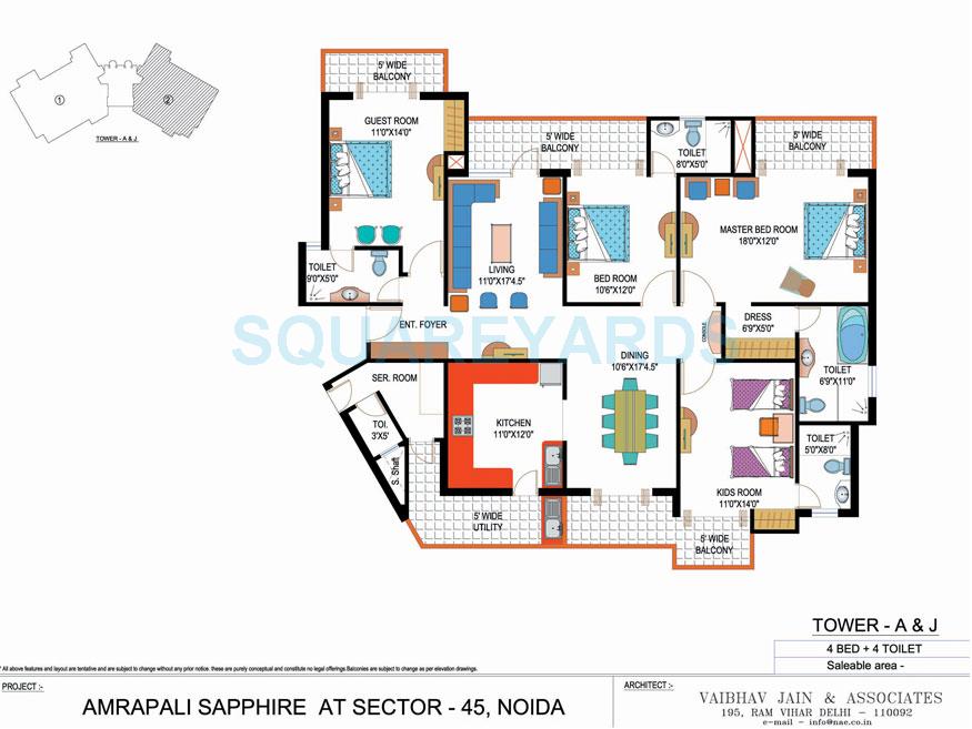 Floor plan of 4 BHK 2465 Sq. Ft. Apartment in Amrapali Sapphire, Noida