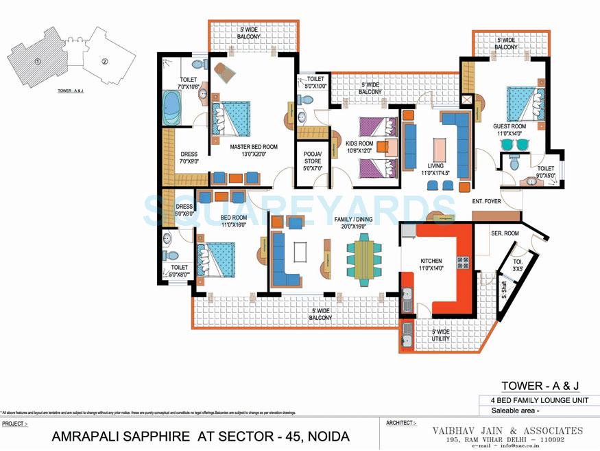 Floor plan of 4 BHK 3075 Sq. Ft. Apartment in Amrapali Sapphire, Noida