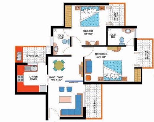 Floor plan of 2 BHK 1140 Sq. Ft. Apartment in Amrapali Sapphire Phase-II, Noida