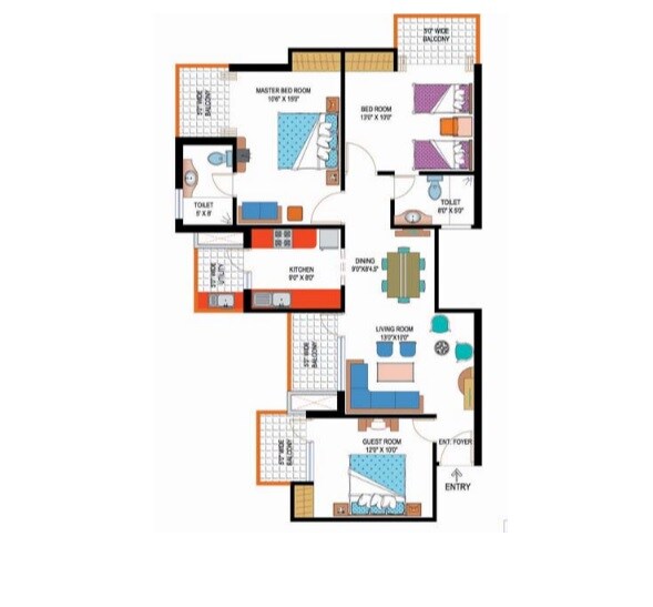 Floor plan of 3 BHK 1390 Sq. Ft. Apartment in Amrapali Sapphire Phase-II, Noida