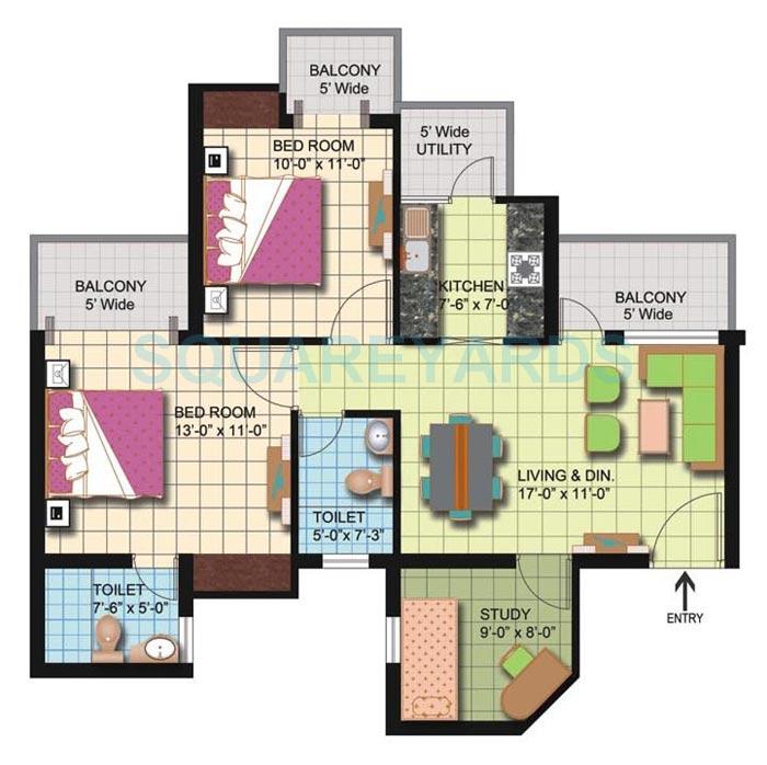 Floor plan of 2 BHK 1180 Sq. Ft. Apartment in Amrapali Silicon City, Noida