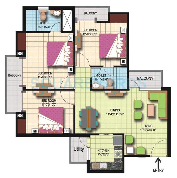 Floor plan of 3 BHK 1325 Sq. Ft. Apartment in Amrapali Silicon City, Noida