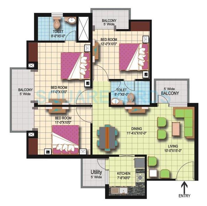 Floor plan of 3 BHK 1420 Sq. Ft. Apartment in Amrapali Silicon City, Noida