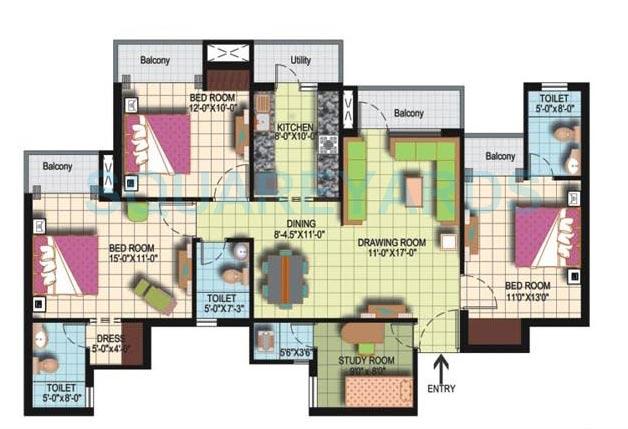 Floor plan of 3 BHK 1775 Sq. Ft. Apartment in Amrapali Silicon City, Noida