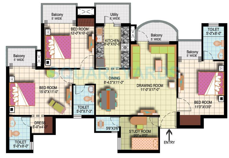 Floor plan of 3 BHK 1835 Sq. Ft. Apartment in Amrapali Silicon City, Noida