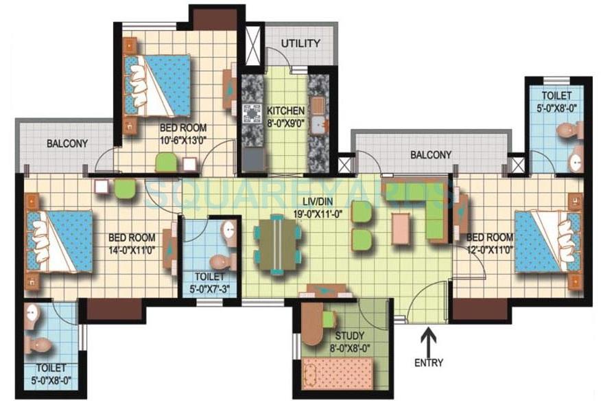 Floor plan of 3 BHK 1475 Sq. Ft. Apartment in Amrapali Silicon City, Noida