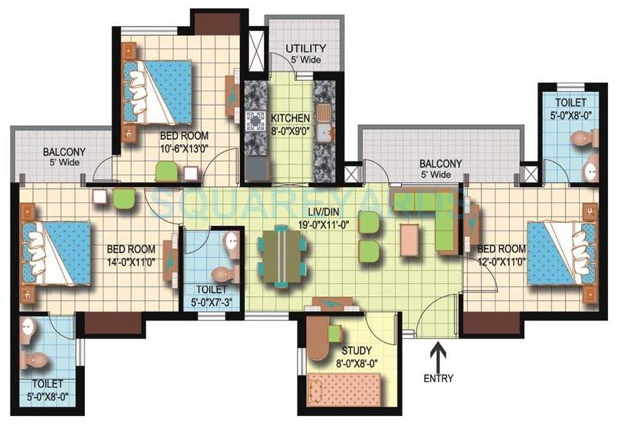 Floor plan of 3 BHK 1545 Sq. Ft. Apartment in Amrapali Silicon City, Noida