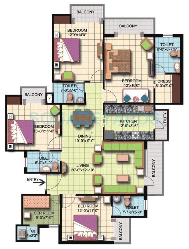 Floor plan of 4 BHK 2350 Sq. Ft. Apartment in Amrapali Silicon City, Noida