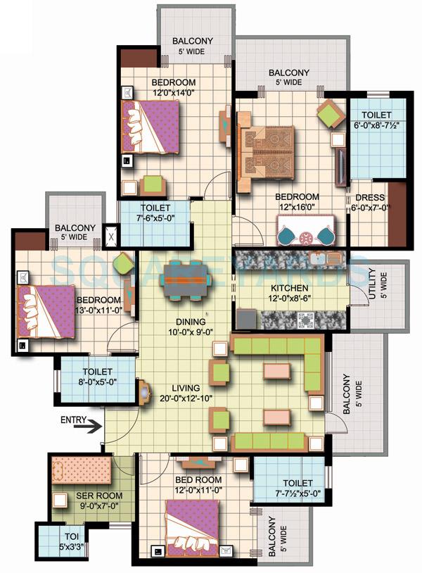 Floor plan of 4 BHK 2410 Sq. Ft. Apartment in Amrapali Silicon City, Noida