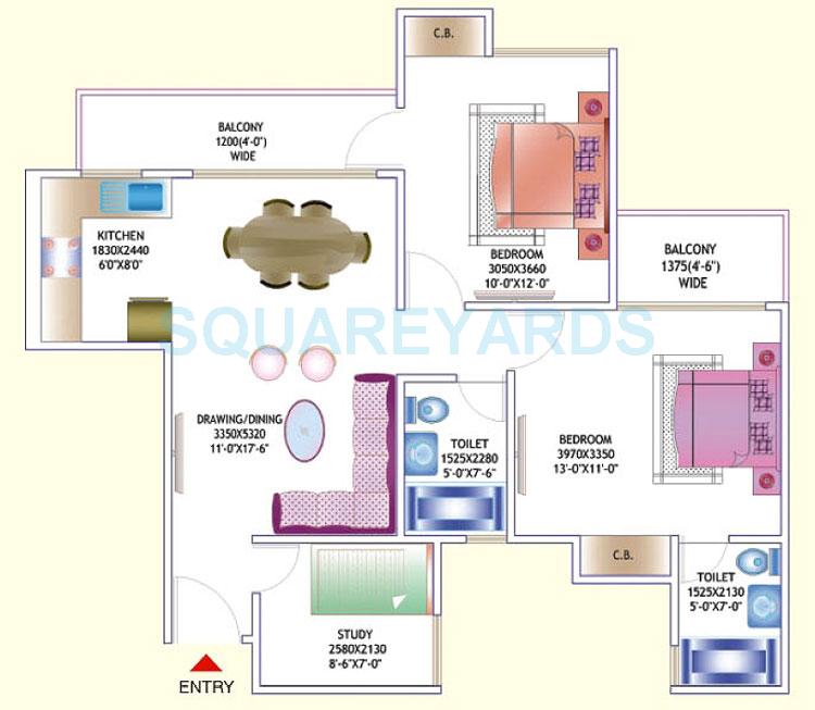 Floor plan of 2 BHK 1325 Sq. Ft. Apartment in Amrapali Zodiac, Noida