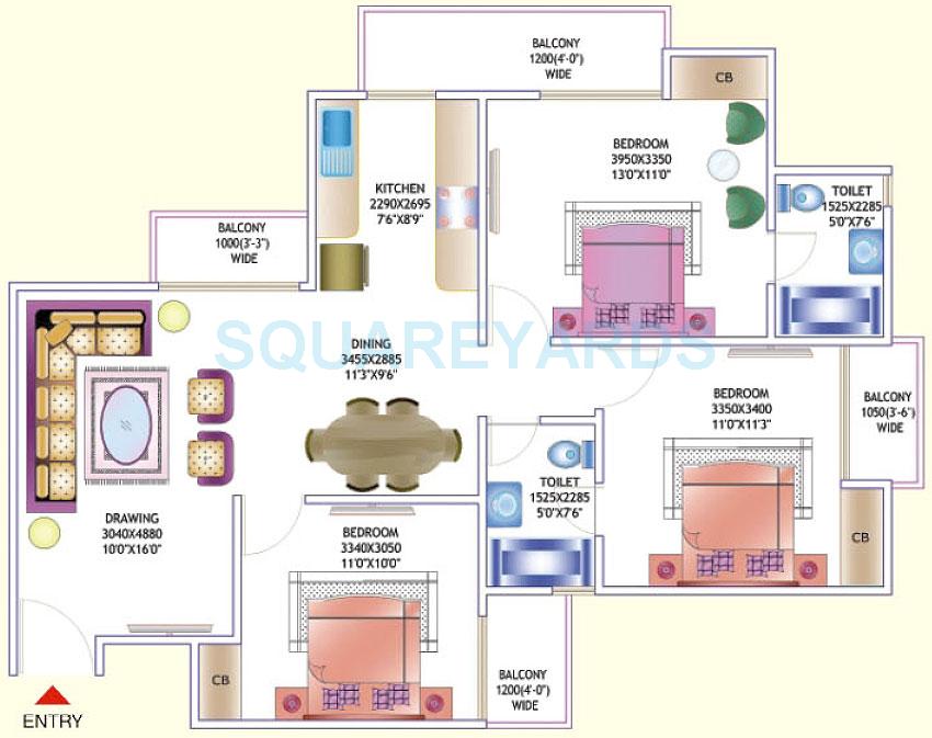 Floor plan of 3 BHK 1325 Sq. Ft. Apartment in Amrapali Zodiac, Noida