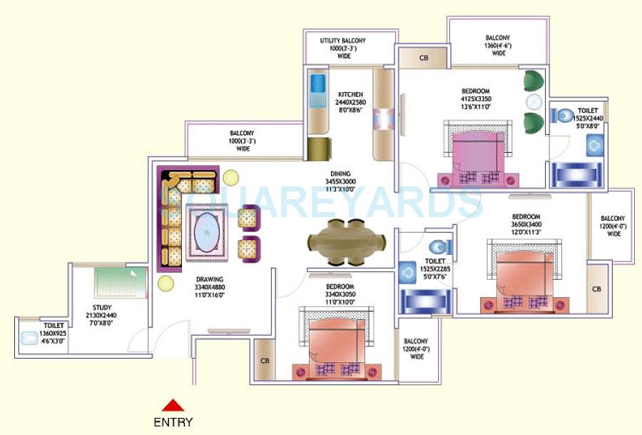 Floor plan of 3 BHK 1550 Sq. Ft. Apartment in Amrapali Zodiac, Noida
