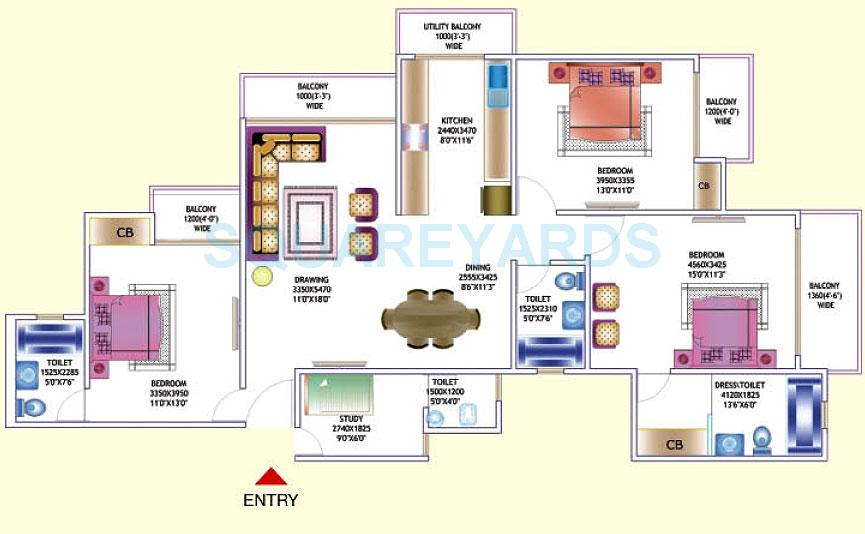 Floor plan of 3 BHK 1775 Sq. Ft. Apartment in Amrapali Zodiac, Noida