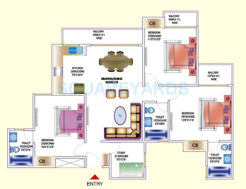 Floor plan of 3 BHK 1475 Sq. Ft. Apartment in Amrapali Zodiac, Noida