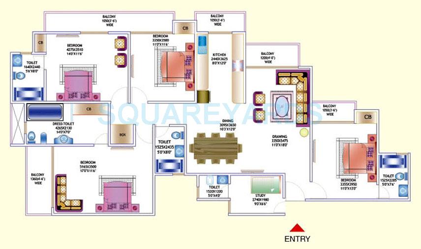 Floor plan of 4 BHK 2300 Sq. Ft. Apartment in Amrapali Zodiac, Noida