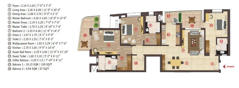 Floor plan of 3 BHK 2155 Sq. Ft. Apartment in Antara Senior Living Noida Phase 1, Noida