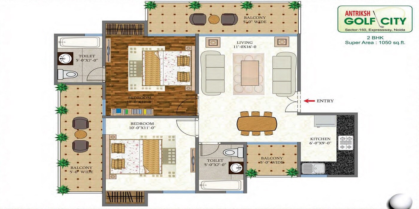 Floor plan of 2 BHK 1050 Sq. Ft. Apartment in Antriksh Golf City, Noida