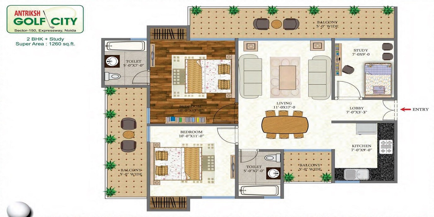 Floor plan of 2 BHK 1260 Sq. Ft. Apartment in Antriksh Golf City, Noida