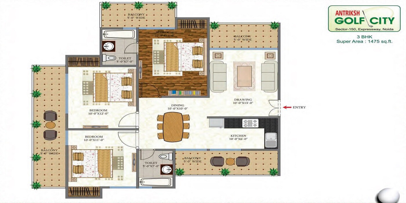 Floor plan of 3 BHK 1475 Sq. Ft. Apartment in Antriksh Golf City, Noida
