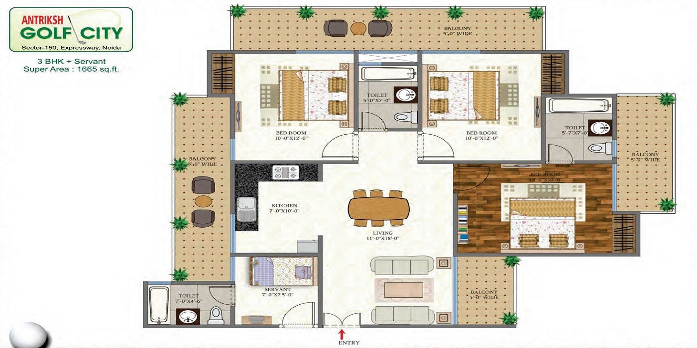 Floor plan of 3 BHK 1665 Sq. Ft. Apartment in Antriksh Golf City, Noida