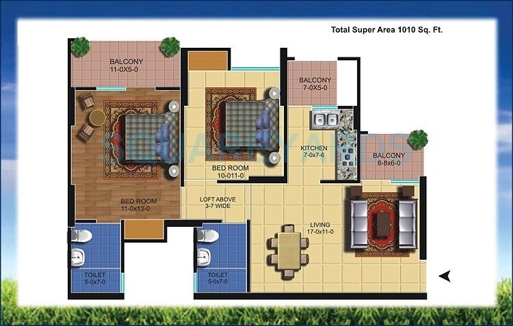 Floor plan of 2 BHK 1010 Sq. Ft. Apartment in Antriksh Golf View, Noida