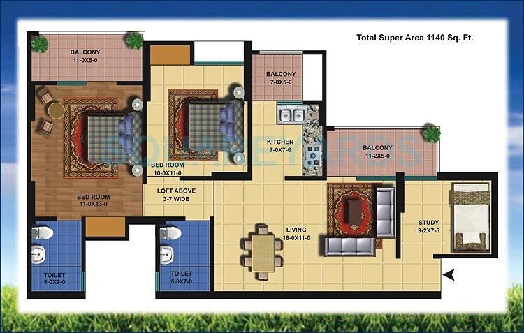 Floor plan of 2 BHK 1140 Sq. Ft. Apartment in Antriksh Golf View, Noida