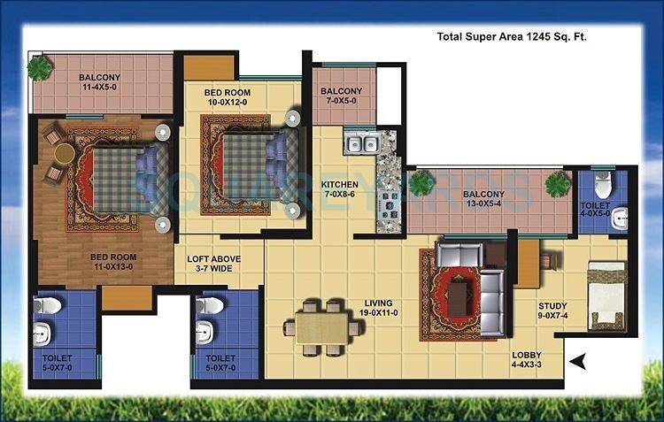 Floor plan of 2 BHK 1245 Sq. Ft. Apartment in Antriksh Golf View, Noida