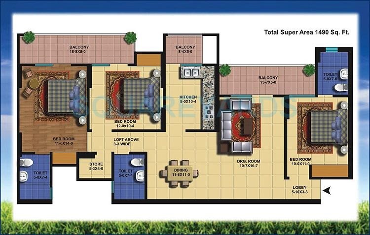 Floor plan of 3 BHK 1490 Sq. Ft. Apartment in Antriksh Golf View, Noida