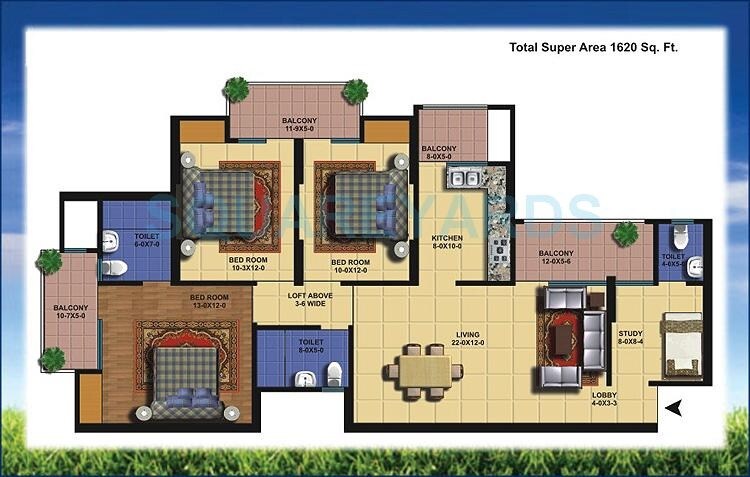 Floor plan of 3 BHK 1620 Sq. Ft. Apartment in Antriksh Golf View, Noida