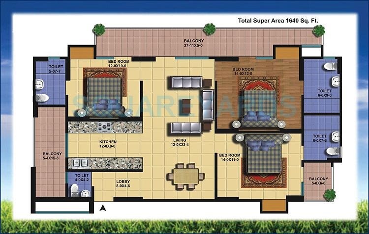 Floor plan of 3 BHK 1640 Sq. Ft. Apartment in Antriksh Golf View, Noida