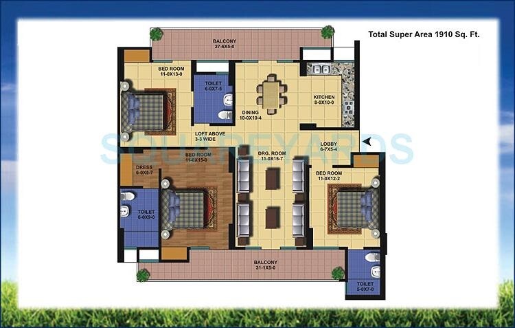 Floor plan of 3 BHK 1910 Sq. Ft. Apartment in Antriksh Golf View, Noida