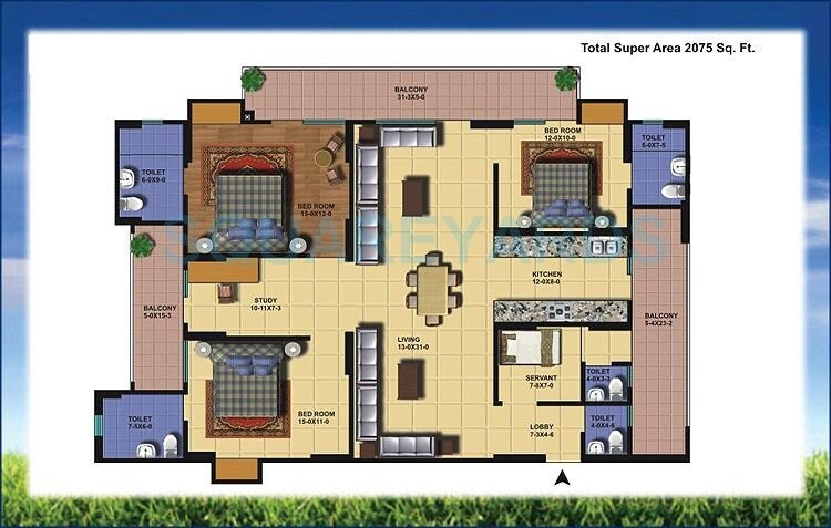 Floor plan of 3 BHK 2075 Sq. Ft. Apartment in Antriksh Golf View, Noida