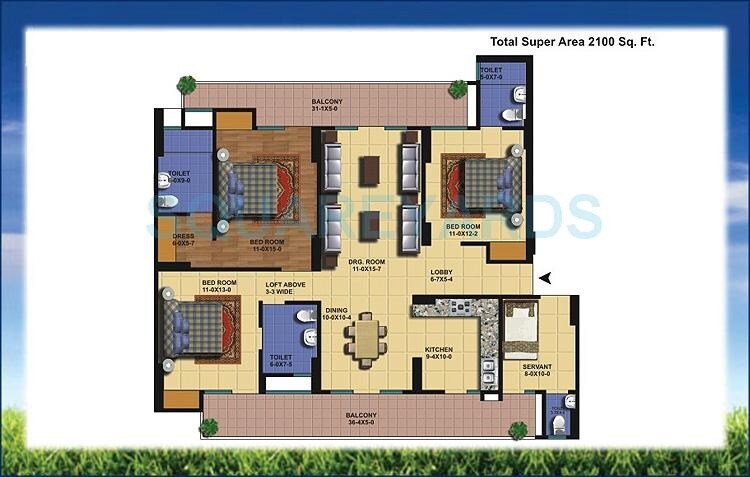 Floor plan of 3 BHK 2100 Sq. Ft. Apartment in Antriksh Golf View, Noida