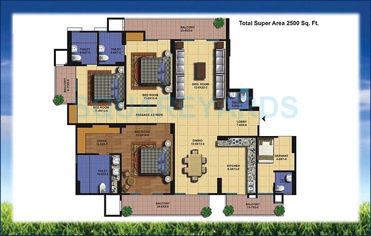 Floor plan of 3 BHK 2500 Sq. Ft. Apartment in Antriksh Golf View, Noida