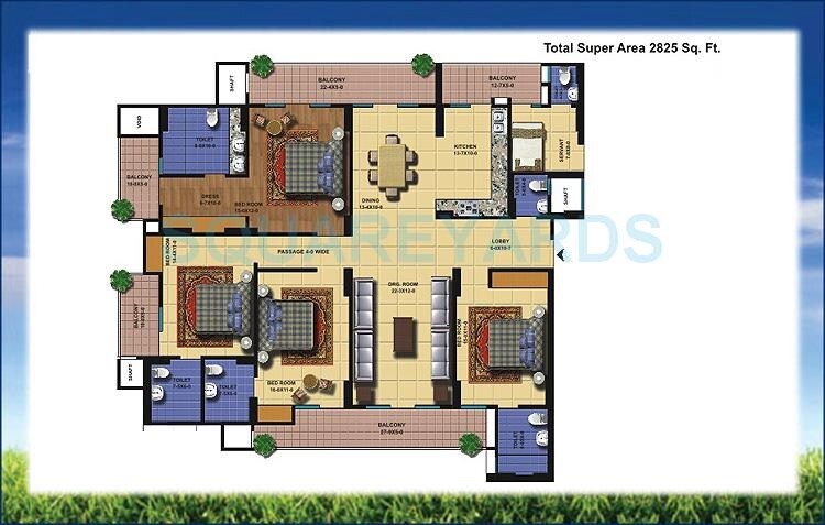 Floor plan of 4 BHK 2825 Sq. Ft. Apartment in Antriksh Golf View, Noida